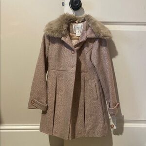 Light Beige Pea Coat with Fur Collar and Wool Blend Fabric